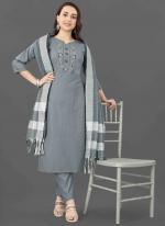 Cotton Blend Grey Traditional Wear Thread Work Readymade Kurti Set